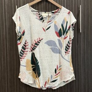 Cynthia Rowley Women Top XL 100% Linen Tropical Leaf Print Short Sleeve Blouse